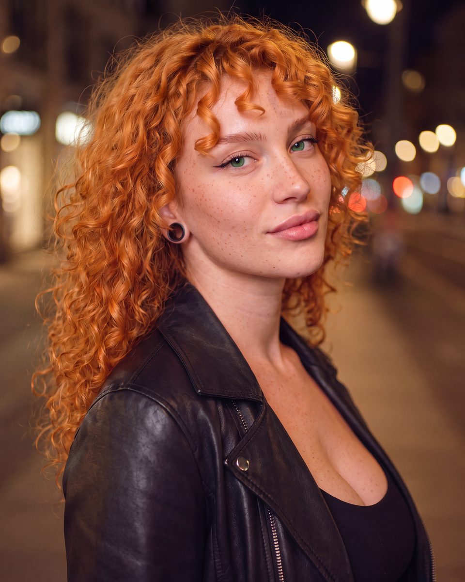 Freya Lark, a woman with long copper curls, freckles and black ear gauges, in a black leather jacket on a city street at night.